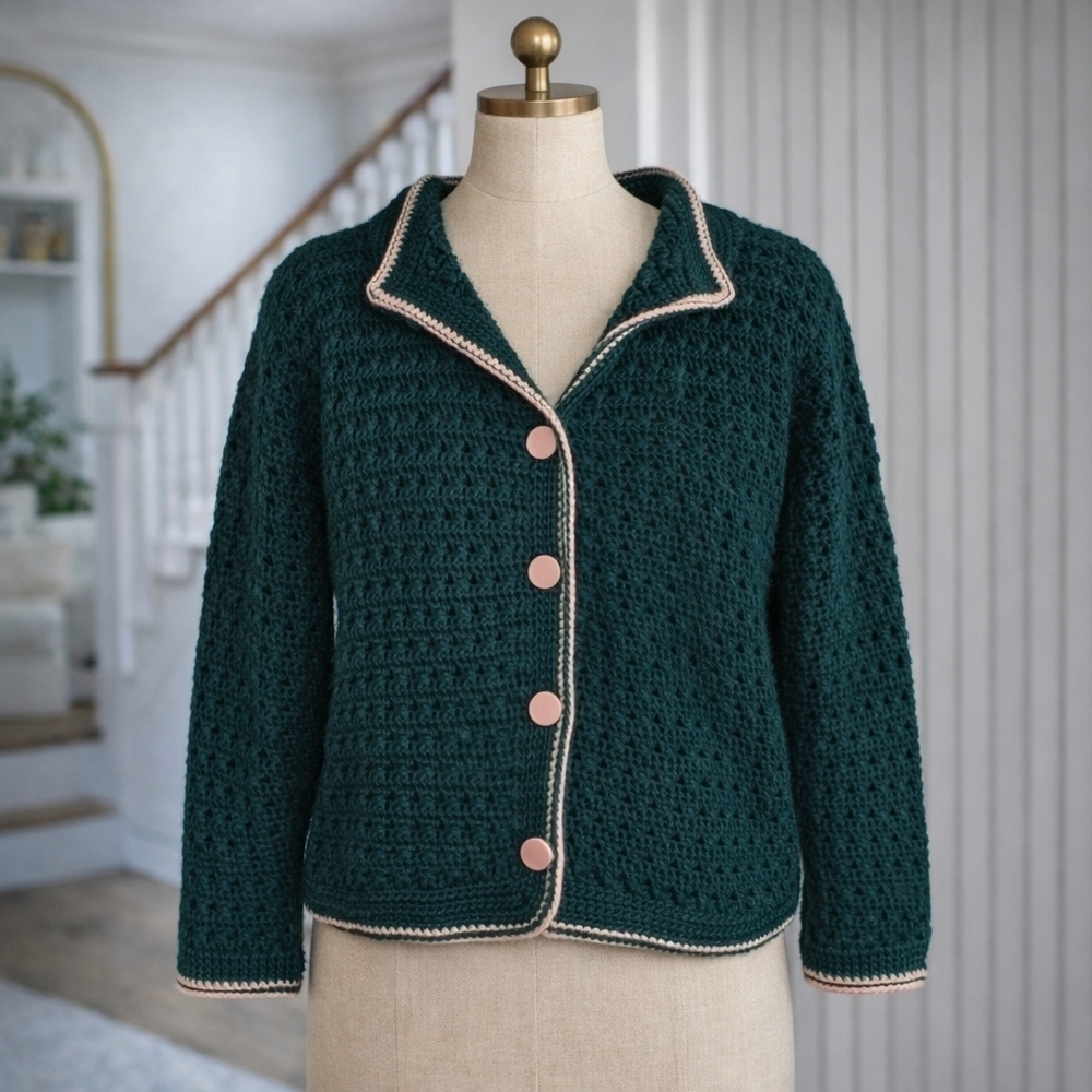 Handmade Crotchet Pink And Green Knit Sweater